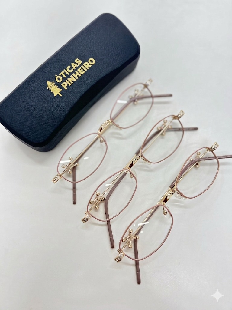 Armações metálicas finas rosé com estojo Óticas Pinheiro